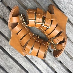 Leila Stone Brown Strap Gold Buckle Aviator Sandal